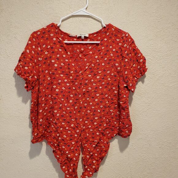 Madewell Novel Tie-Front Top in Prairie Posies Red Short Sleeve V-Neck Size Larg - Picture 2 of 8